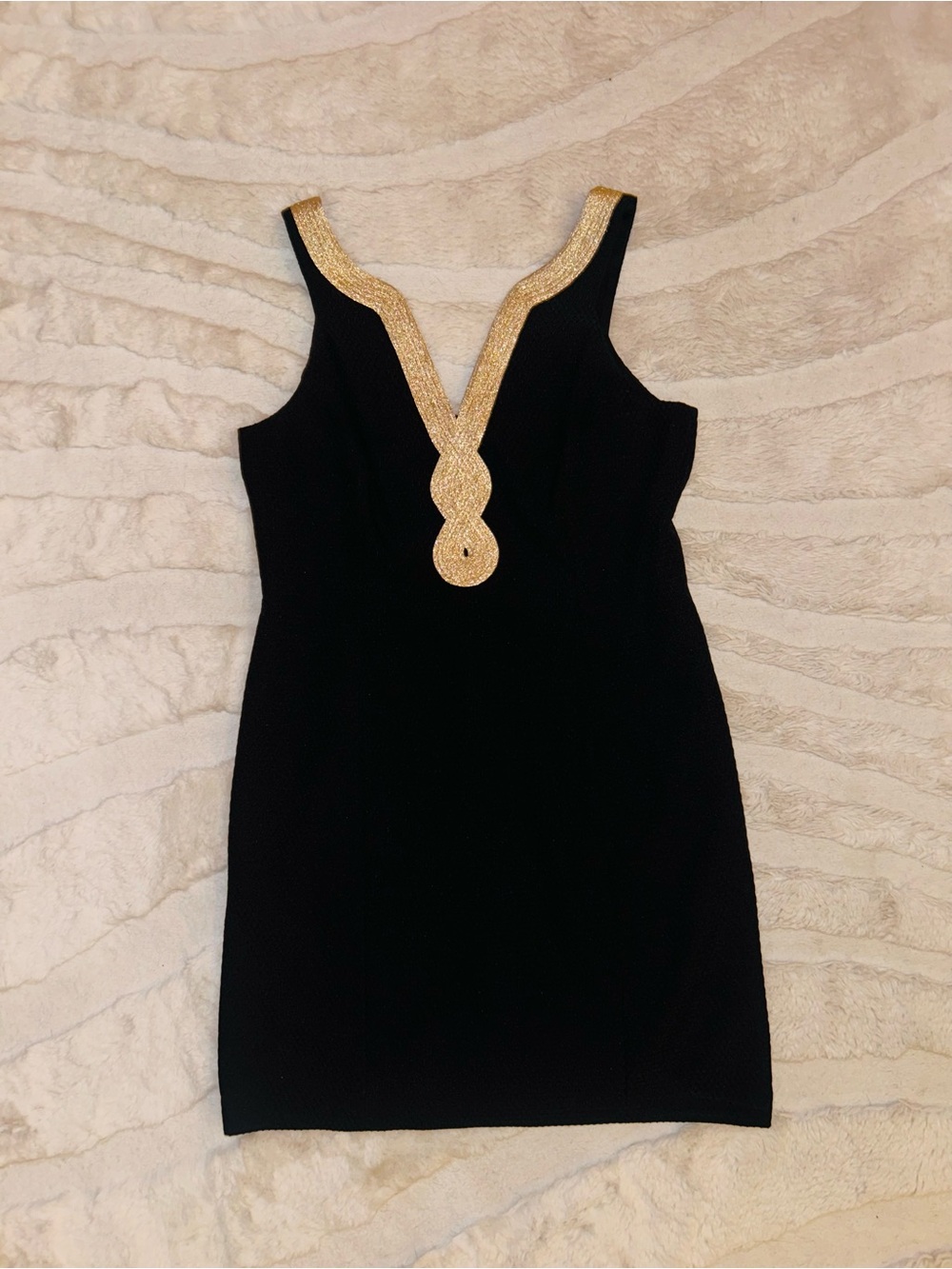 Appagallo Black Sleeveless Sheath Dress Gold Metallic Trim Size 12